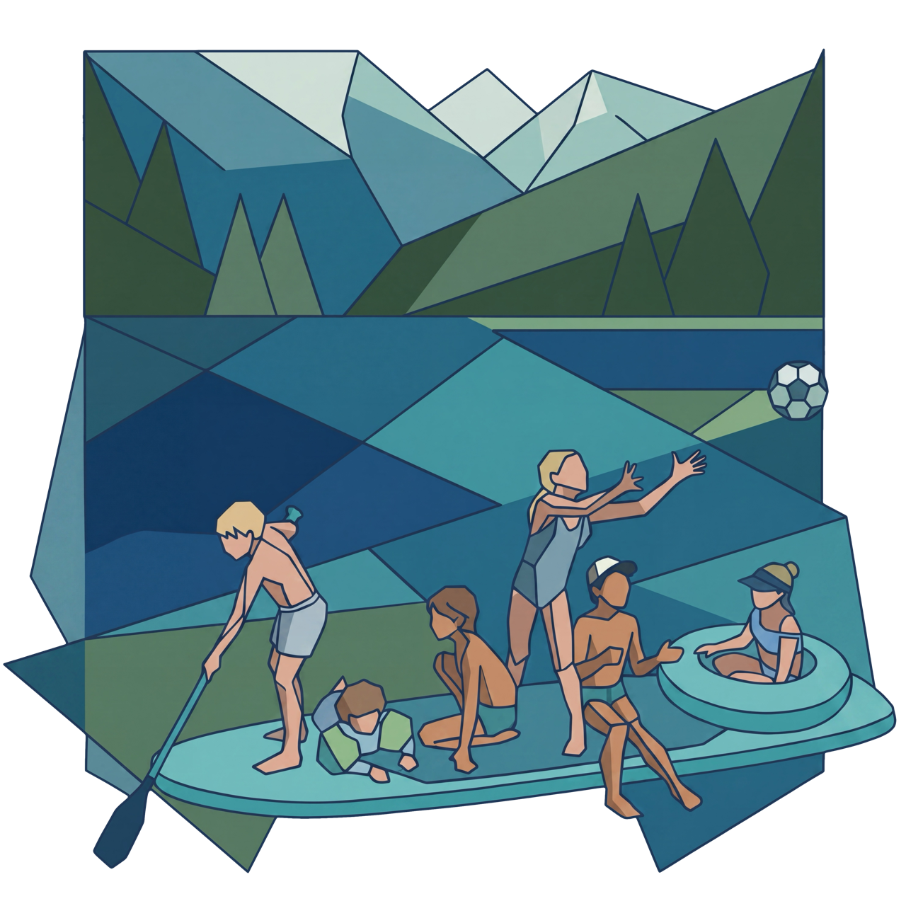 Splash Games 2027 — ilustracija poletnih iger ob jezeru med gorami v Bohinju.